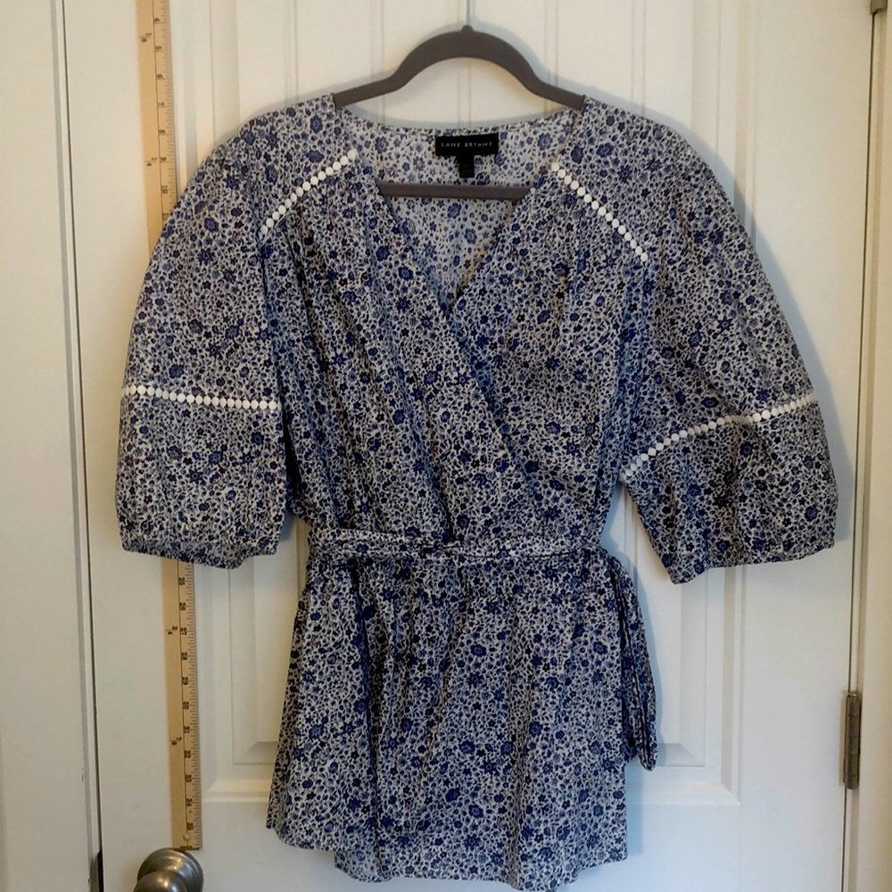 Cotton, Faux Wrap Blouse with elastic waist and sash.